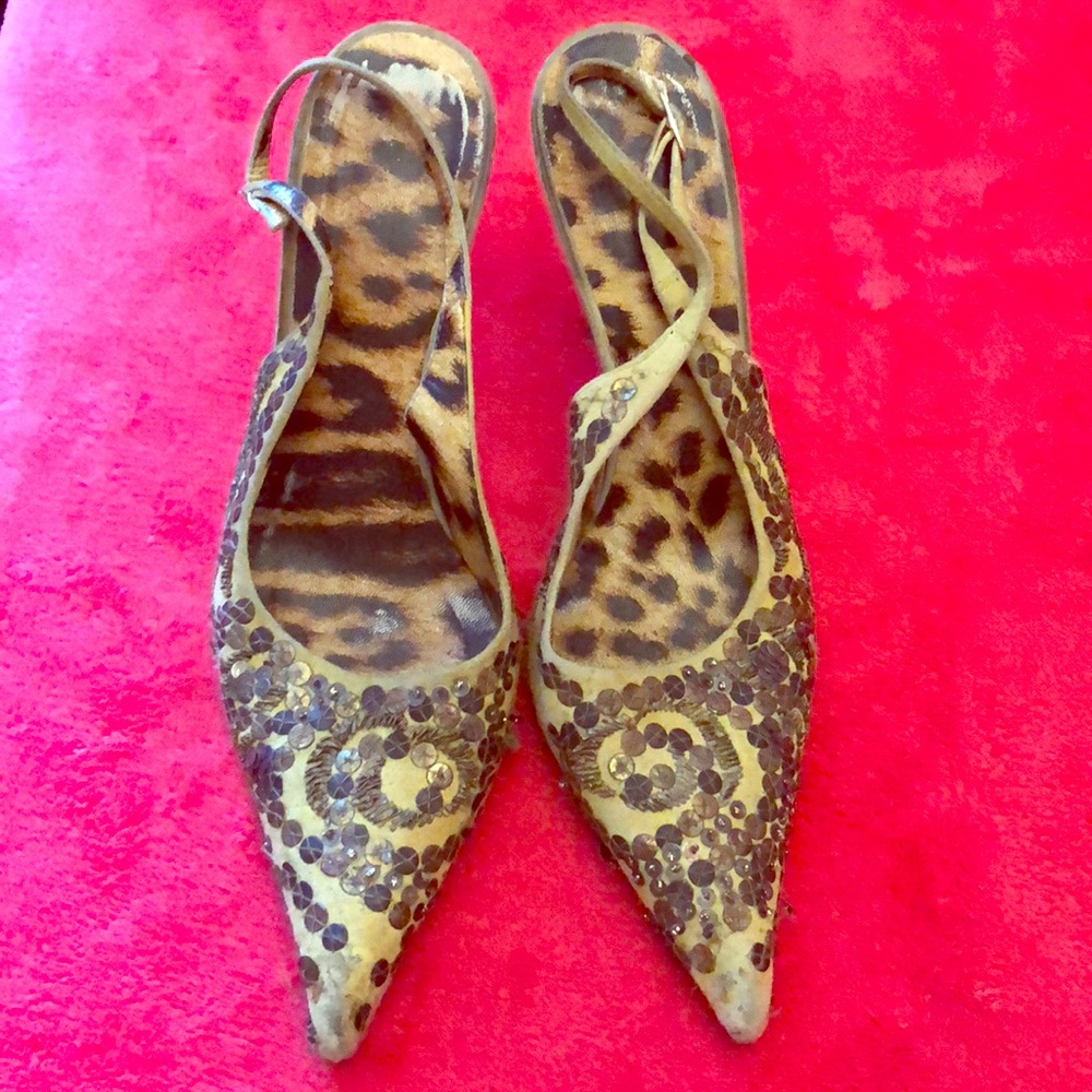 Yellow suede sequined sling back